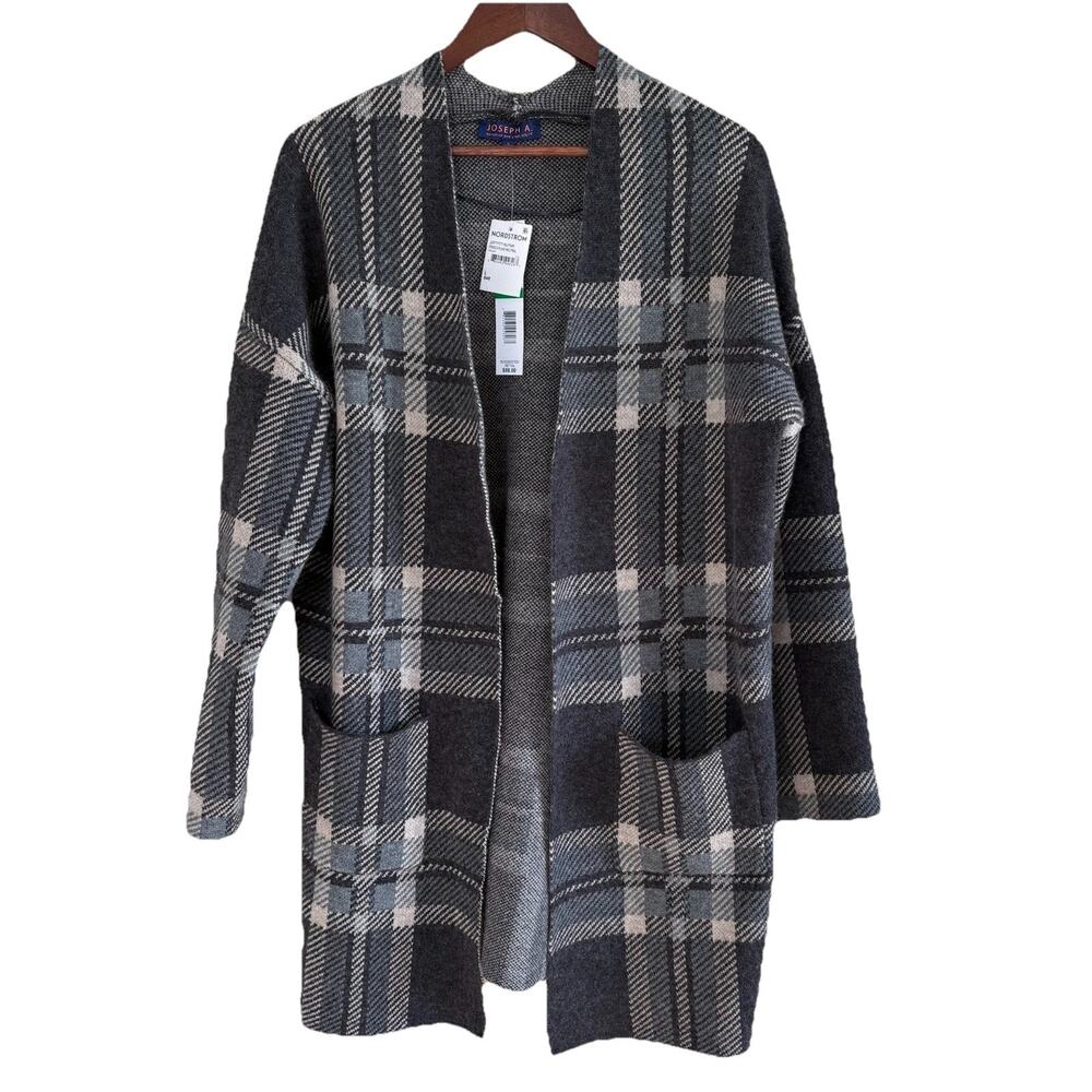 NWT Joseph A. Women's Frisco Neutral Plaid Long Cardigan Sweater Duster Sz Large